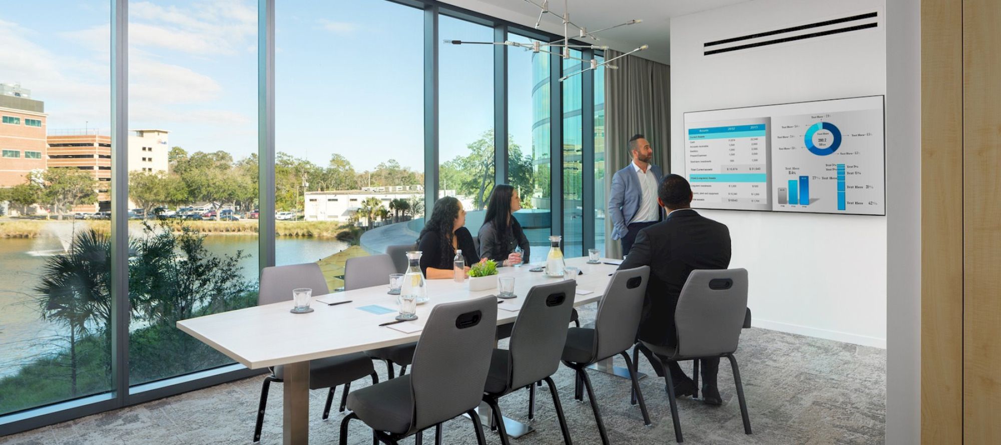 A man presents charts on a screen to three colleagues in a modern conference room with large windows overlooking a scenic outdoor view.