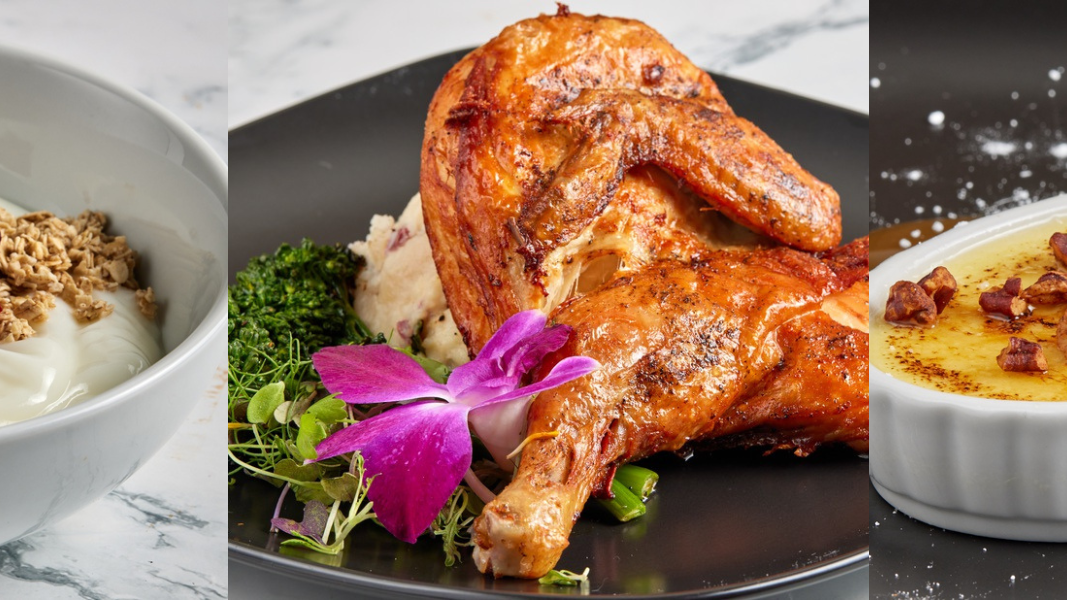 The image shows yogurt with granola and berries, roasted chicken with mashed potatoes, and a cr&egrave;me br&ucirc;l&eacute;e dessert.