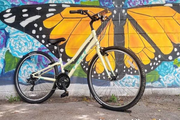 A bicycle is parked in front of a colorful mural featuring a large butterfly with vibrant wings and flowers. Photo by @bikesandmore.