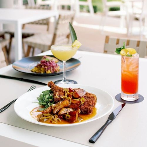 A table with a white plate of gourmet food, two colorful cocktails, and more food in the background at a restaurant.