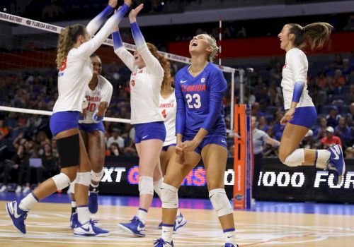 A volleyball team celebrates on the court, with players high-fiving and jumping in excitement. One player appears to be yelling in triumph.