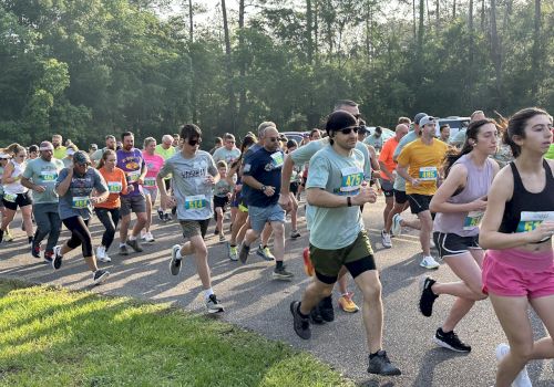 A group of people are running together in an outdoor setting, likely participating in a race or marathon, with trees and greenery in the background.