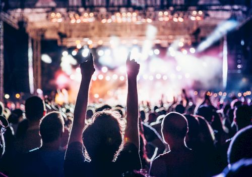 A lively concert scene with a crowd of people enjoying the performance, with one person prominently raising their hands towards the brightly lit stage.