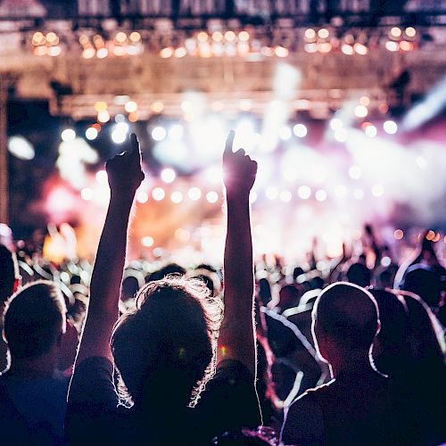 A lively concert scene with a crowd of people enjoying the performance, with one person prominently raising their hands towards the brightly lit stage.