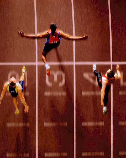 Aerial view of six sprinters crossing the finish line on a track, with arms outstretched and legs extended in mid-stride.