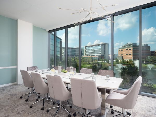 A modern conference room with a long table, chairs, and a window view of buildings and a fountain under a cloudy sky.
